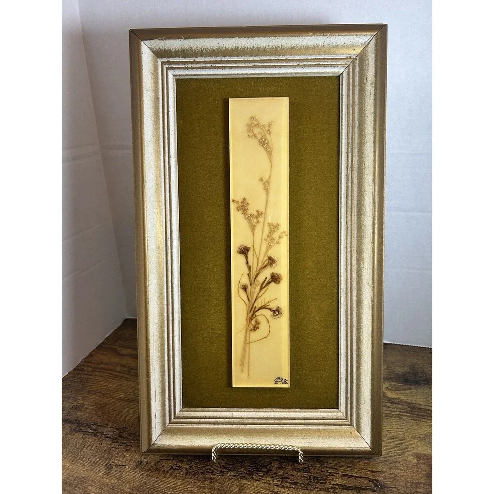 Vintage Pressed Floral Resin Wall Art Plaque Signed Boho Decor 16.5x9.5 Panel